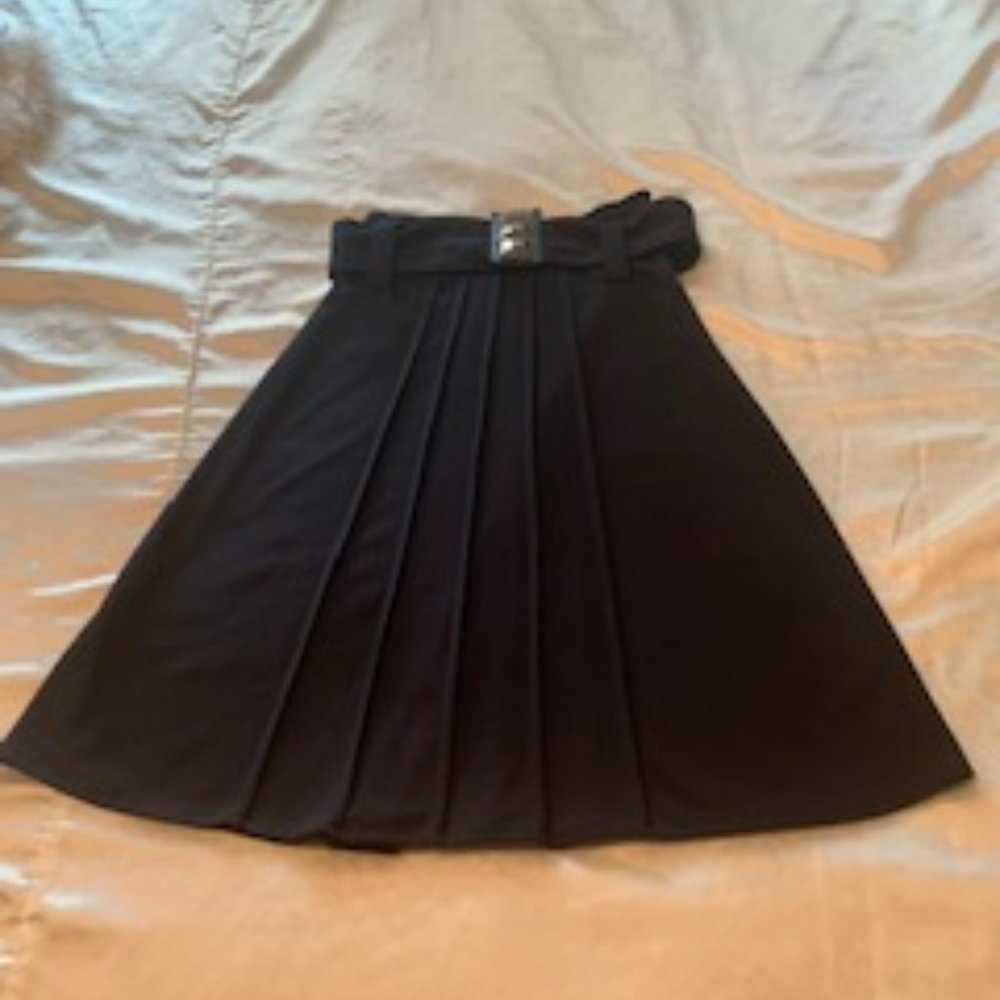 Navy knit A-Line Skirt with Inlaid Pleats & Belt